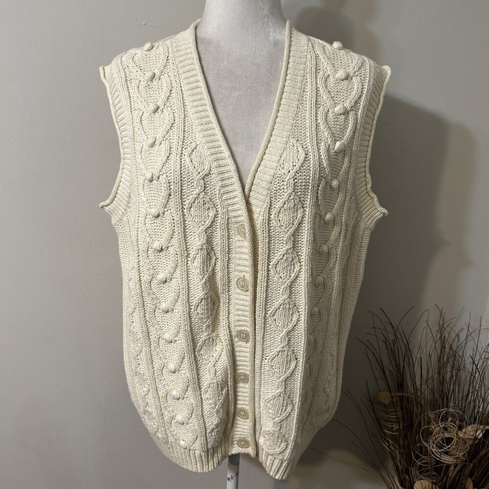 Vtg Liz Baker Essentials Womens Cream Cable Knit Button-Front Sweater Vest Sz L